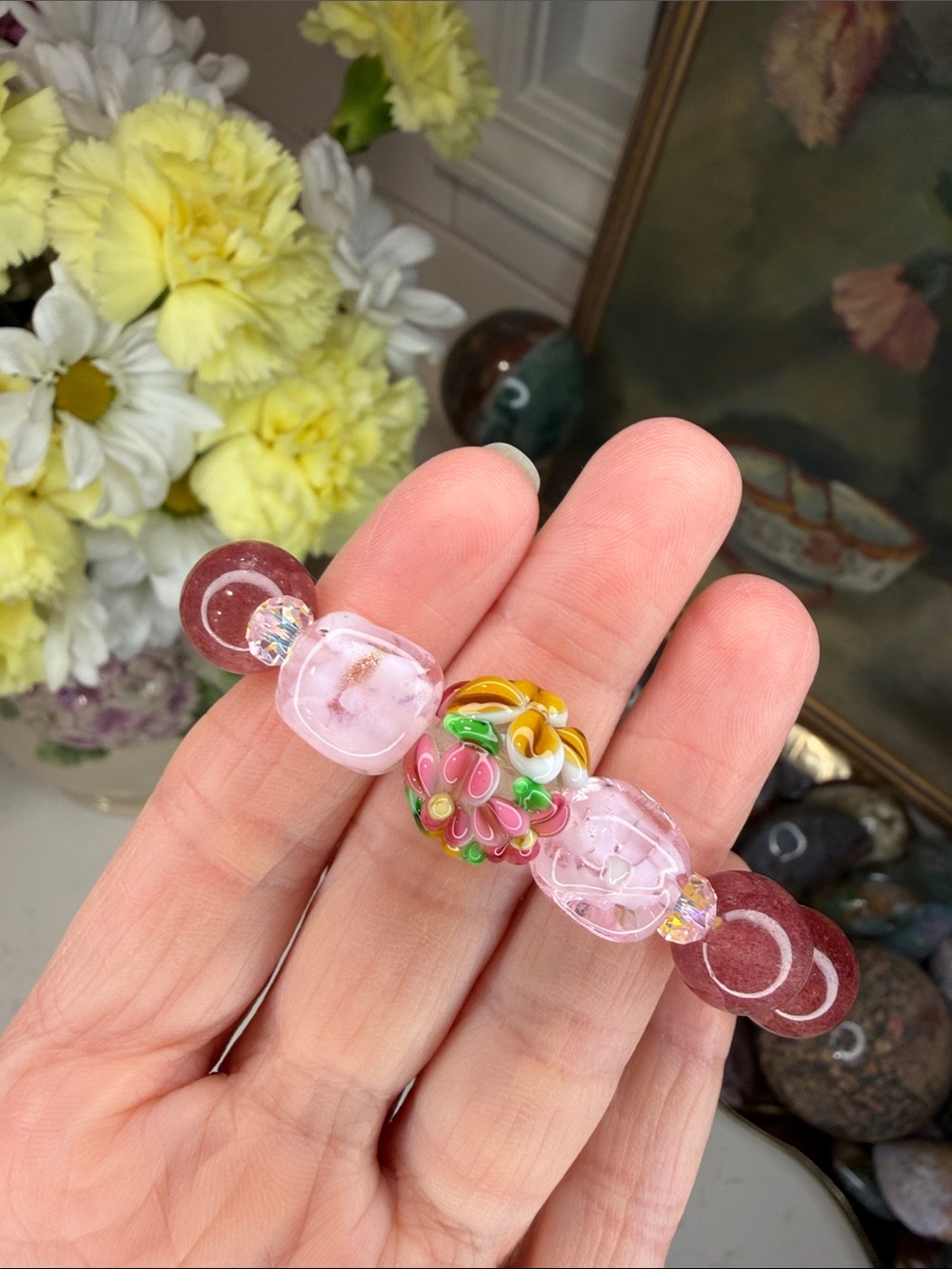 WILD STRAWBERRIES • Artisan Strawberry Quartz & Lampwork Bracelet: B1279 - Picture 3 of 4